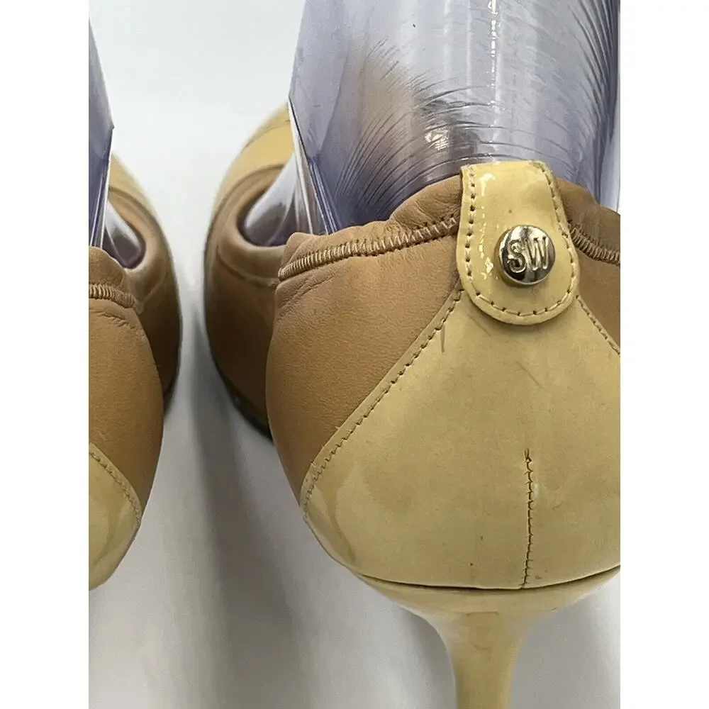 Stuart Weitzman Nude Tan Leather Patent Cap Toe Classic Heel Gold‎ Accent Sz 9.5